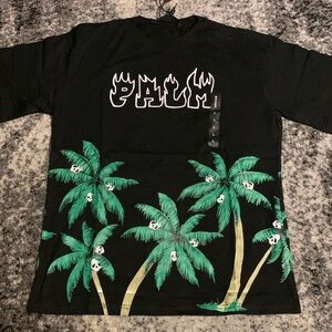 Palm Angels Flames Logo Skull Palm Trees Black Tee Shirt